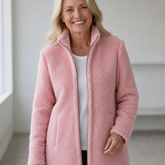 Pink soft fleece full-zip jacket for women with relaxed hip-length fit