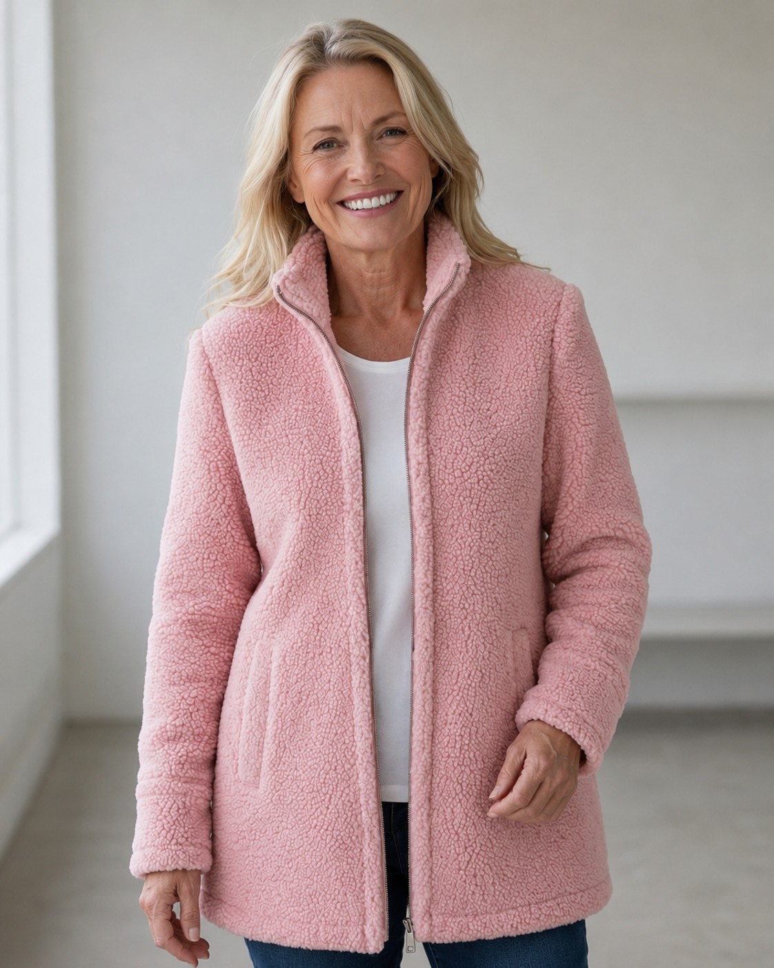 Pink soft fleece full-zip jacket for women with relaxed hip-length fit