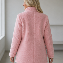 Pink soft fleece full-zip jacket for women with relaxed hip-length fit