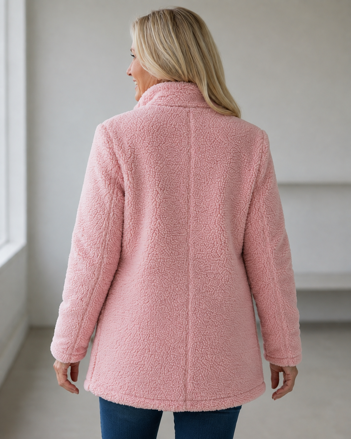 Pink soft fleece full-zip jacket for women with relaxed hip-length fit