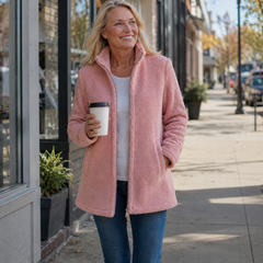 Pink soft fleece full-zip jacket for women with relaxed hip-length fit