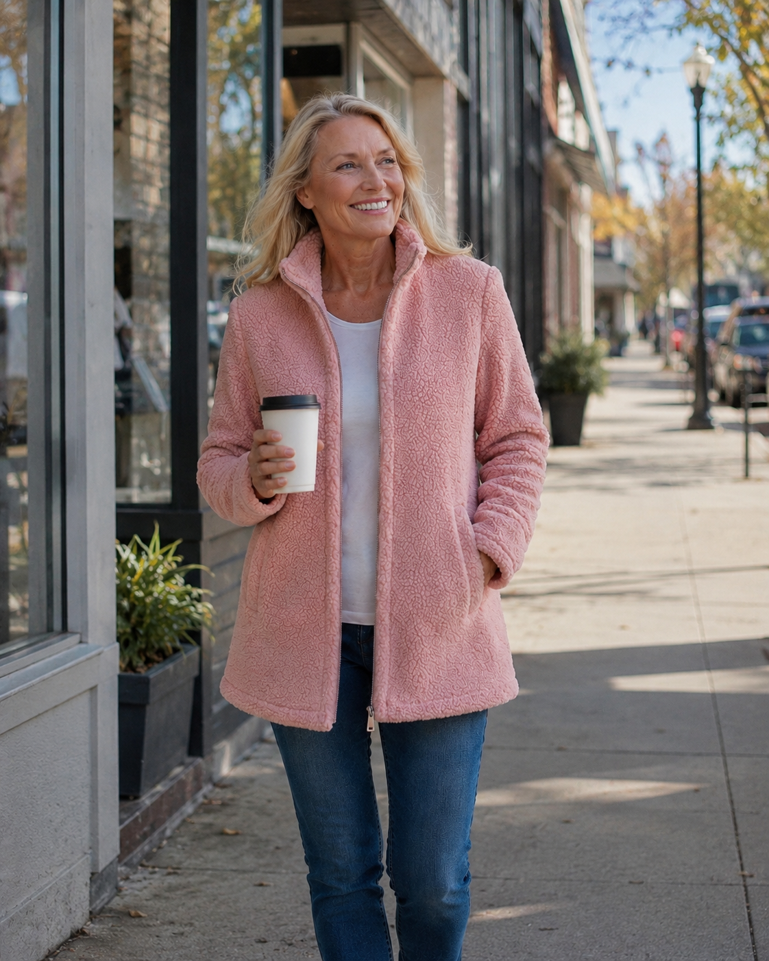 Pink soft fleece full-zip jacket for women with relaxed hip-length fit