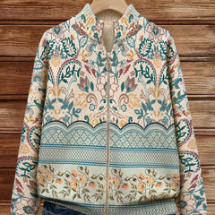 Floral botanical print zip-front cardigan in teal, marigold, terra cotta and cream with scalloped hem