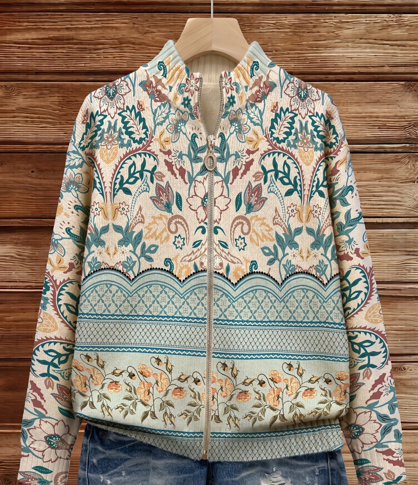 Floral botanical print zip-front cardigan in teal, marigold, terra cotta and cream with scalloped hem