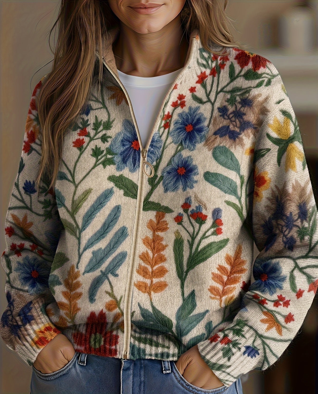 Cream floral zip cardigan with hand-drawn wildflowers, gold zipper and ribbed cuffs in a relaxed bomber fit