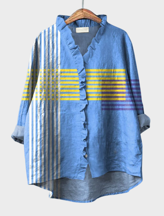 Blue striped ruffle-trim blouse with button front and relaxed drape