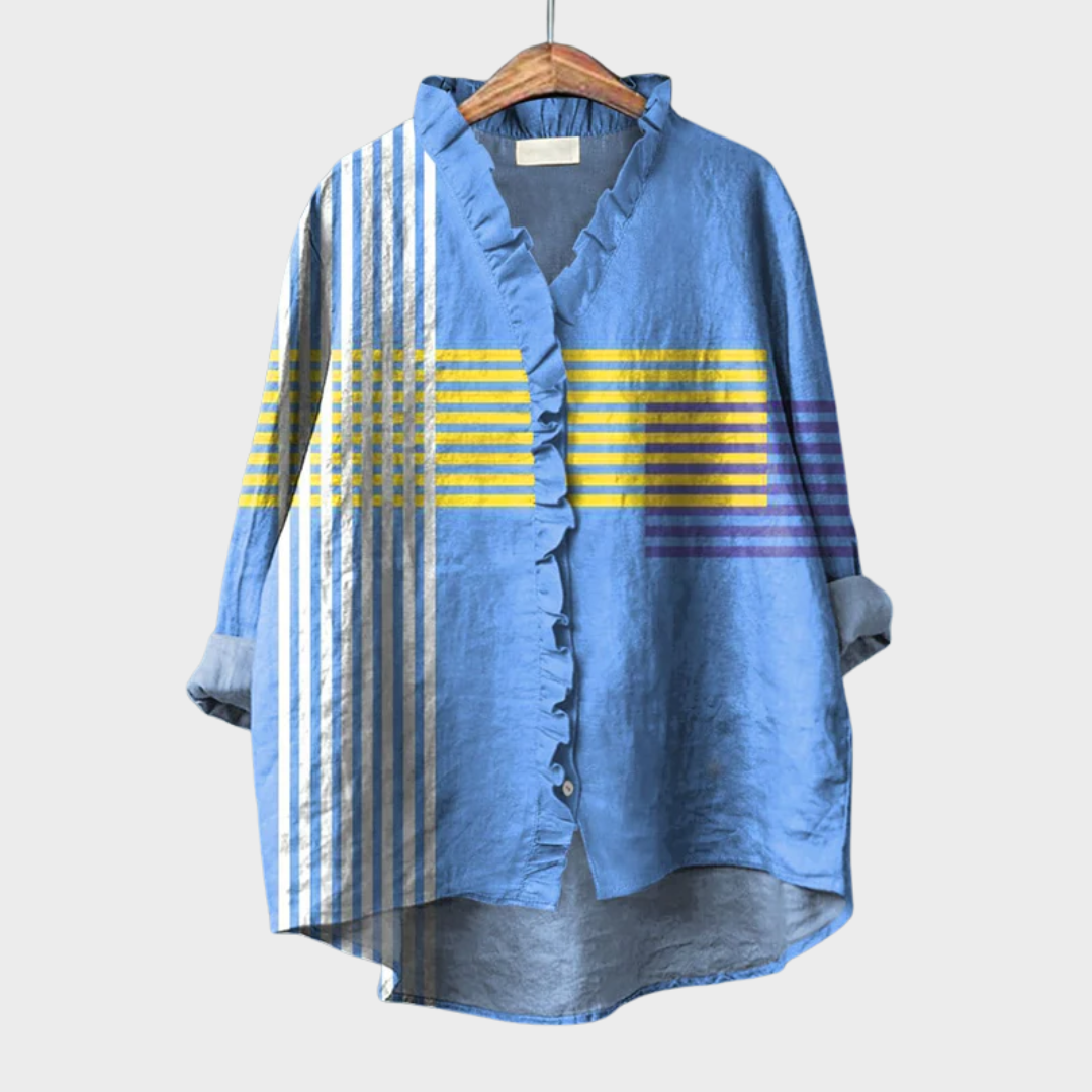 Blue striped ruffle-trim blouse with button front and relaxed drape