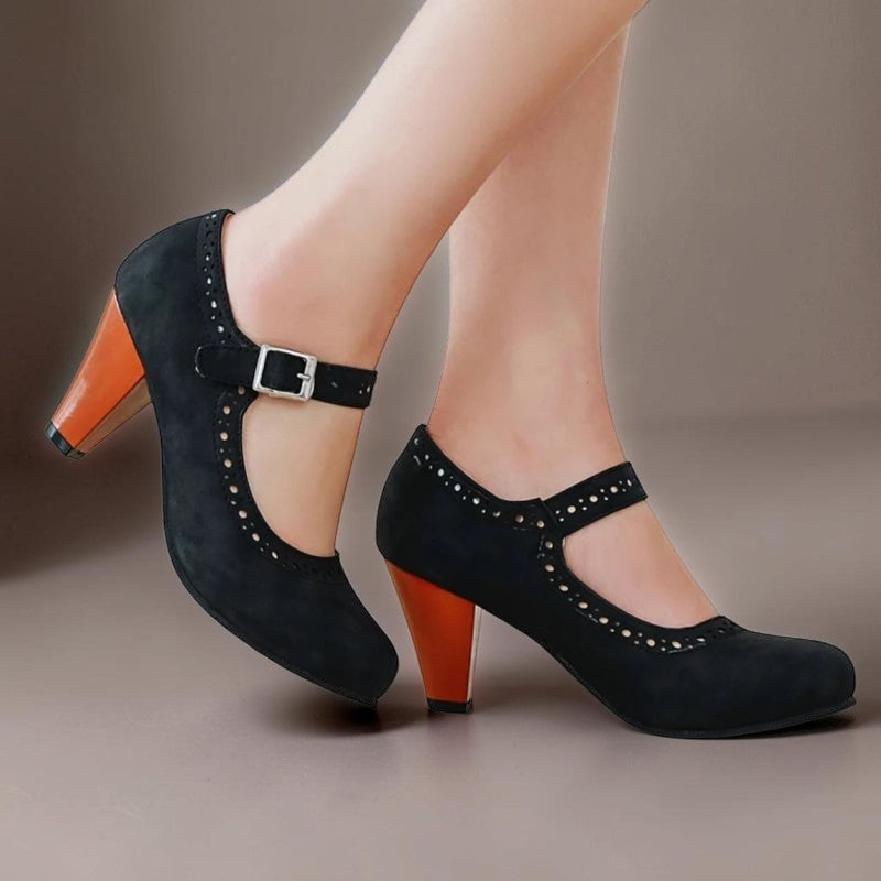 Genevieve Mary Jane heels with adjustable instep strap and rounded toe in several colours