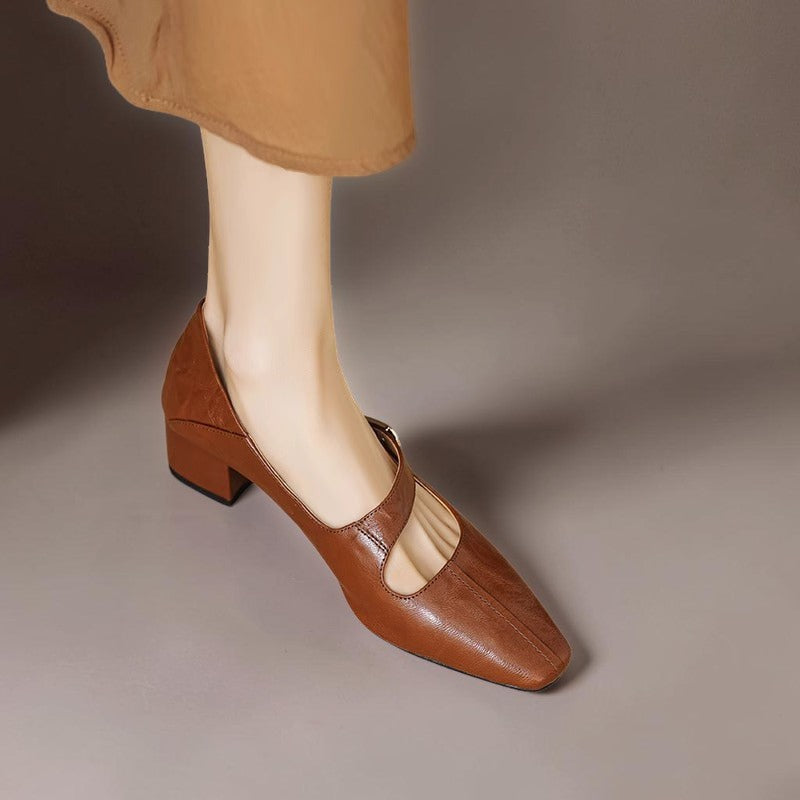 Chiseled square-toe leather Mary Jane pump with gold bit accent and low block heel