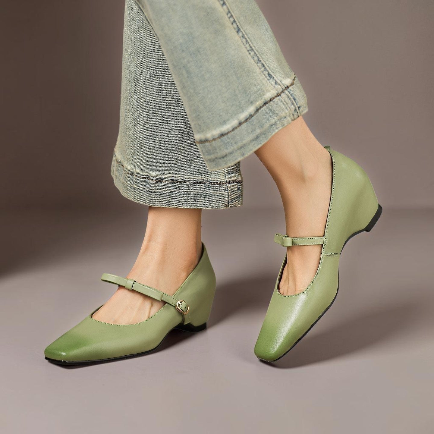 Bow-strap Mary Jane pump with concealed block heel and burnished leather, shown in green, pink and black