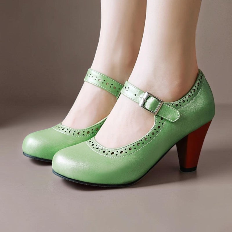 Genevieve Mary Jane heels with adjustable instep strap and rounded toe in several colours