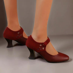 Suede round-toe heels with a secure ankle strap and stable block heel