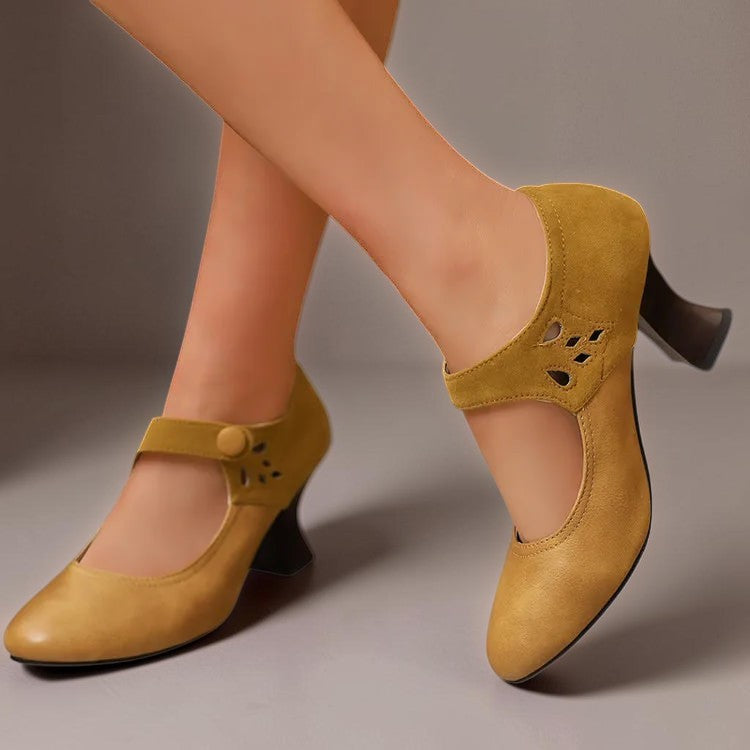 Suede round-toe heels with a secure ankle strap and stable block heel
