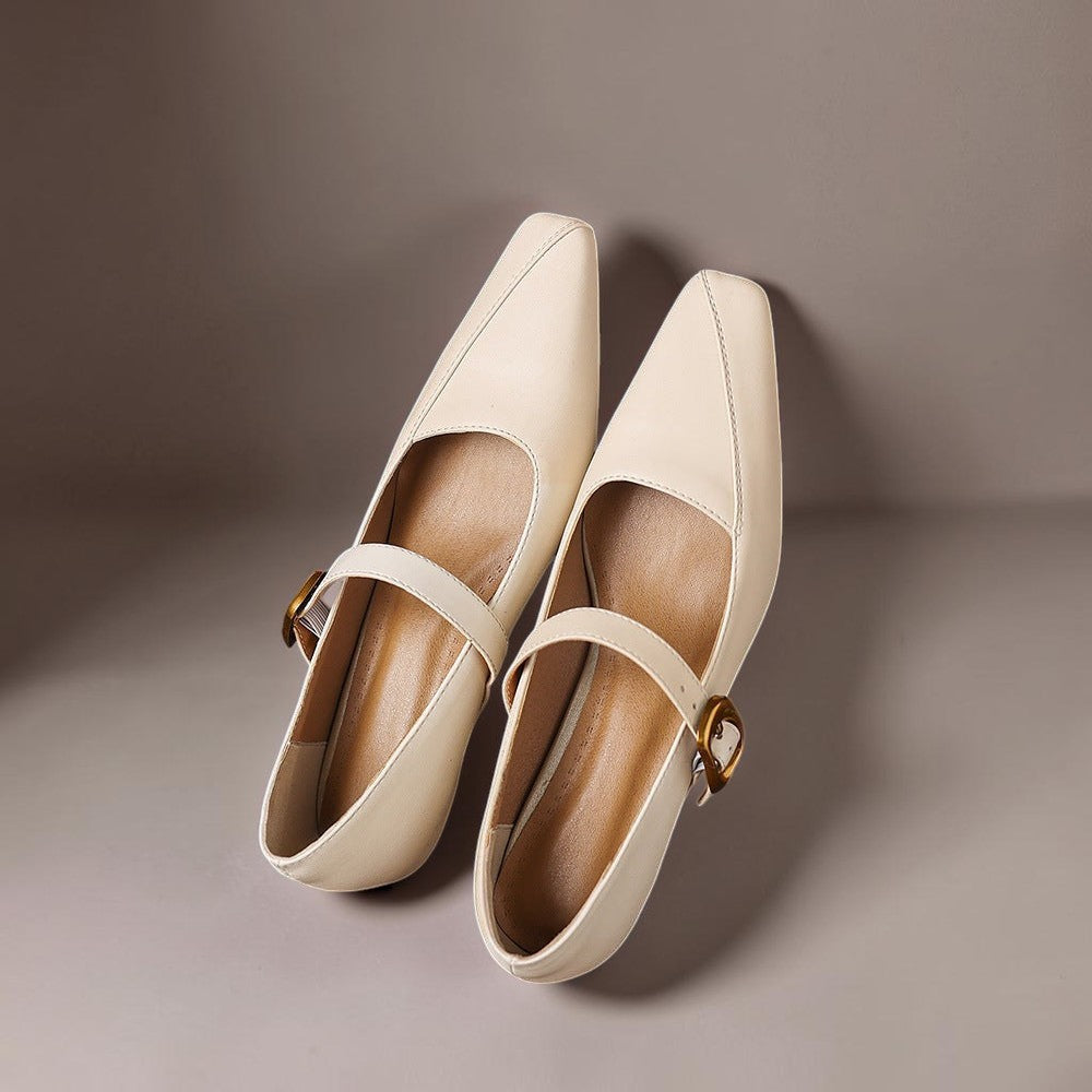 Paneled Mary Jane block heel with gold-tone instep buckle in beige and black