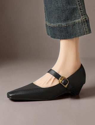 Paneled Mary Jane block heel with gold-tone instep buckle in beige and black