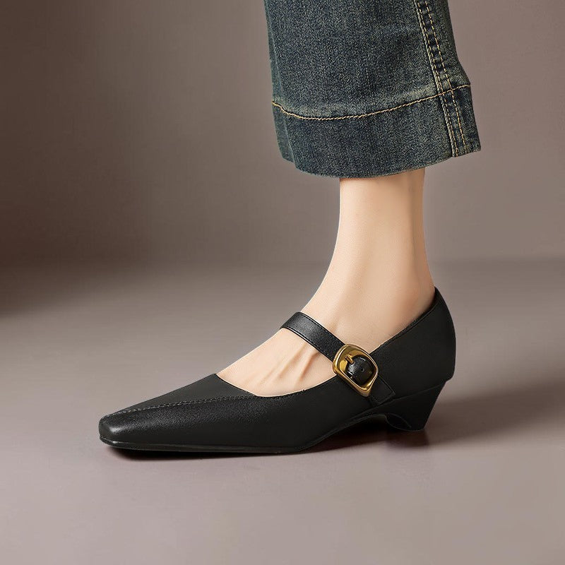 Paneled Mary Jane block heel with gold-tone instep buckle in beige and black