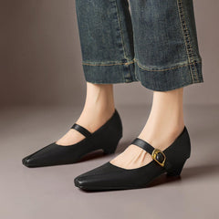 Paneled Mary Jane block heel with gold-tone instep buckle in beige and black