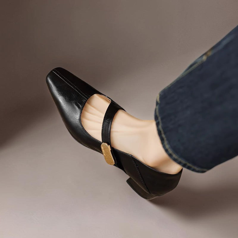 Quera | Chiseled Square-Toe Mary Jane Pump with Gold Bit