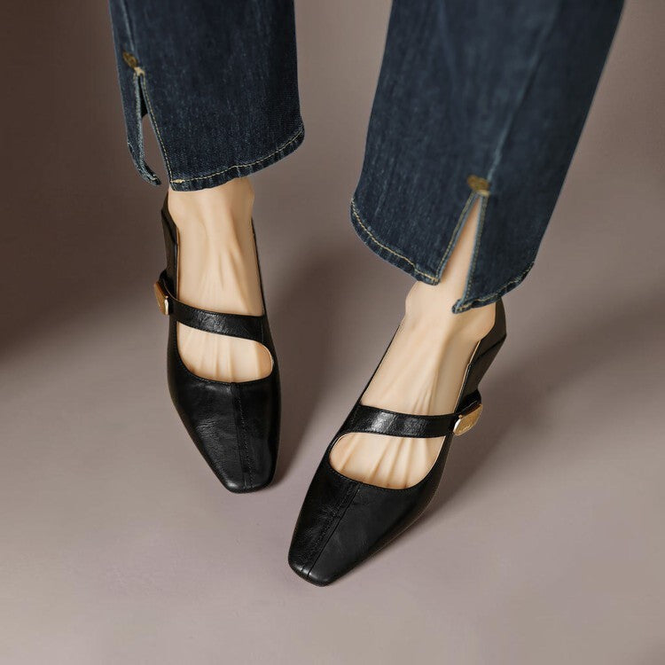 Quera | Chiseled Square-Toe Mary Jane Pump with Gold Bit