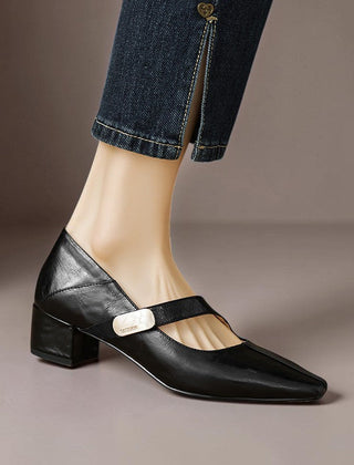 Chiseled square-toe leather Mary Jane pump with gold bit accent and low block heel