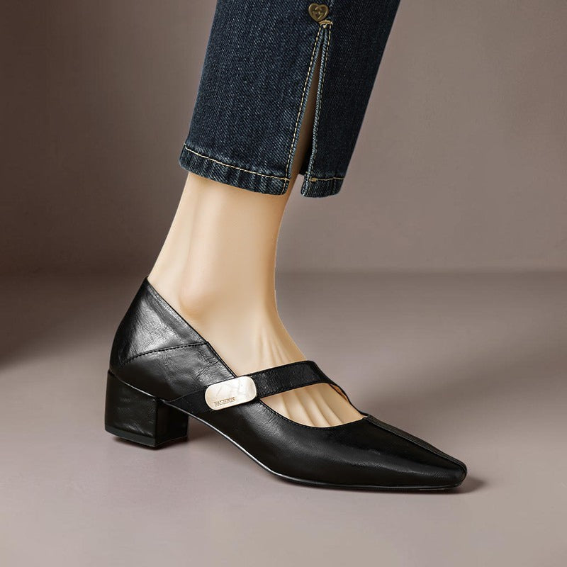 Chiseled square-toe leather Mary Jane pump with gold bit accent and low block heel