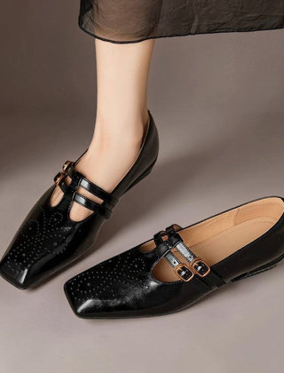 Brogued leather Mary Jane pump with dual buckled straps and a low block heel