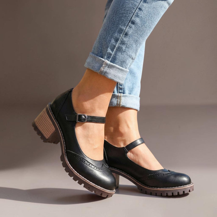 Marie T-strap Mary Jane heels with buckle closure, shown in black, brown and khaki