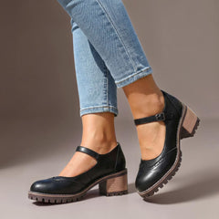 Marie T-strap Mary Jane heels with buckle closure, shown in black, brown and khaki