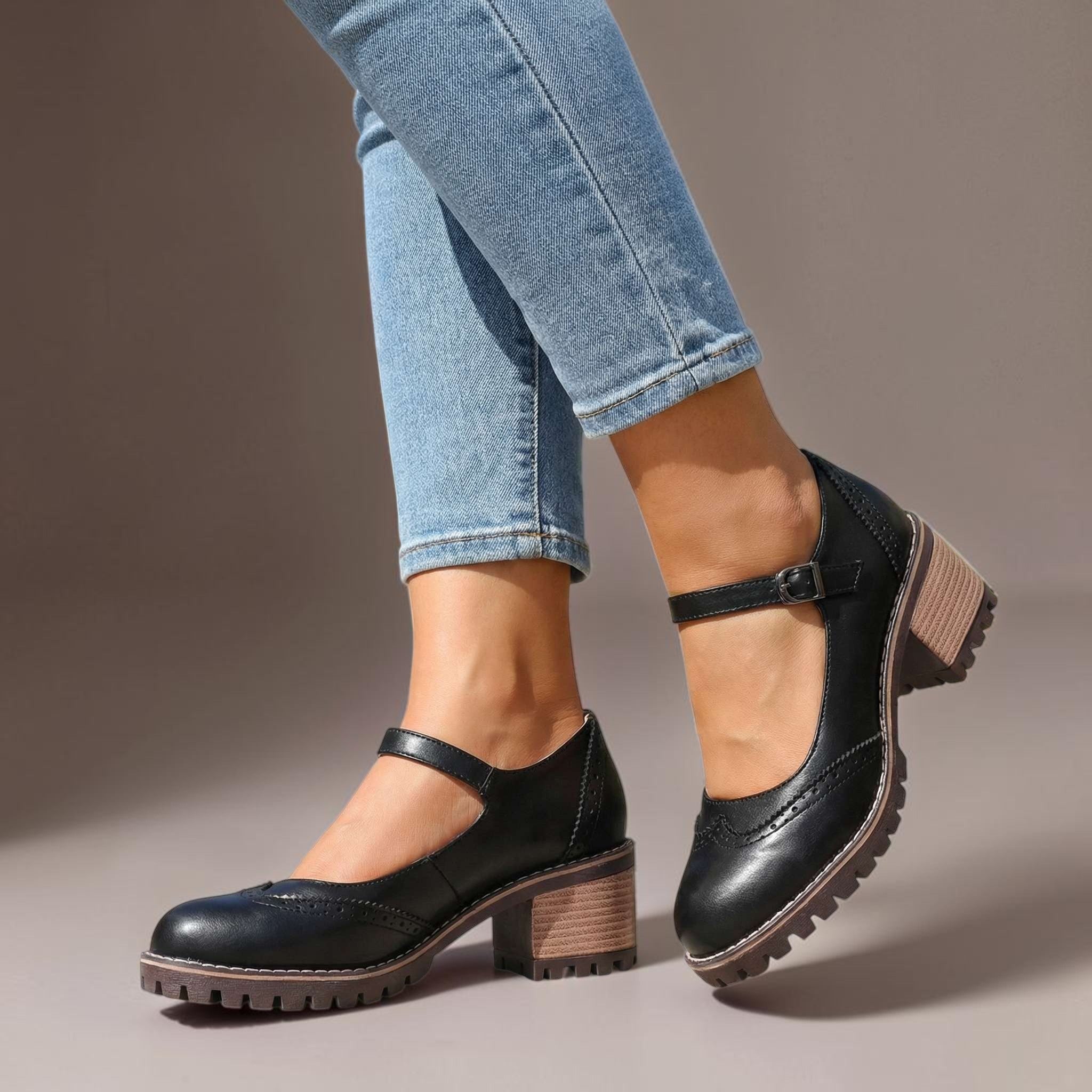 Marie T-strap Mary Jane heels with buckle closure, shown in black, brown and khaki