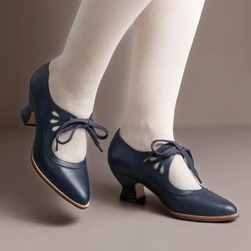 Vintage lace-up Mary Jane pumps with adjustable instep strap and rounded toe