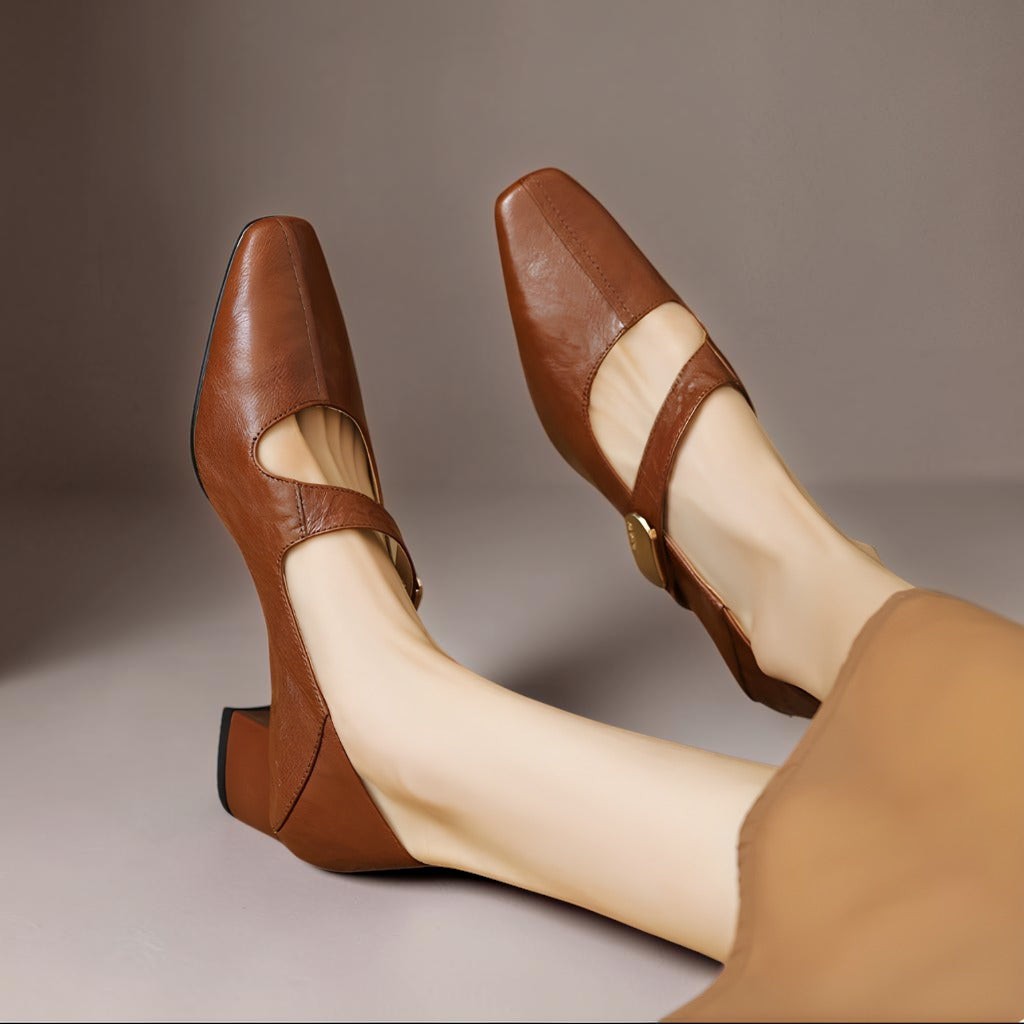 Chiseled square-toe leather Mary Jane pump with gold bit accent and low block heel