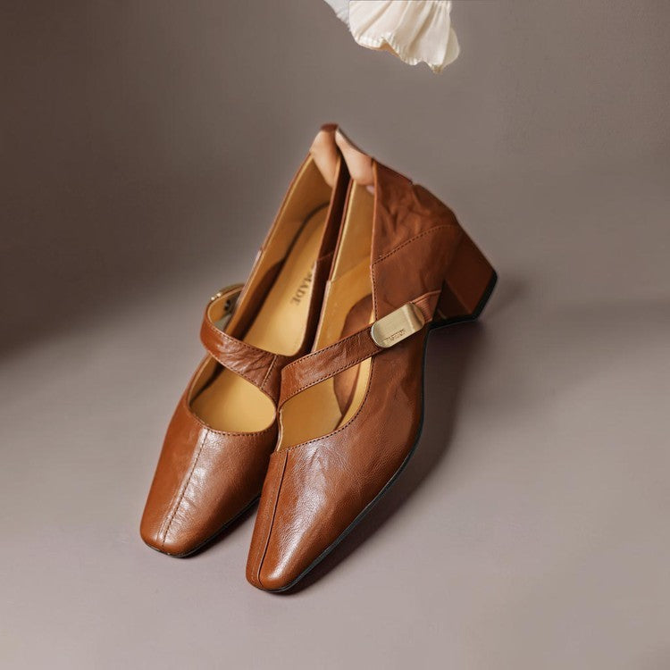 Chiseled square-toe leather Mary Jane pump with gold bit accent and low block heel