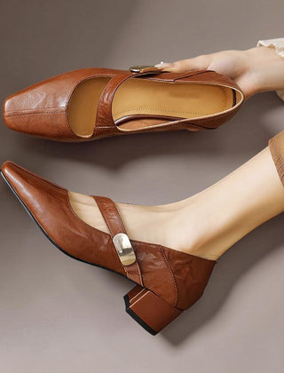 Chiseled square-toe leather Mary Jane pump with gold bit accent and low block heel