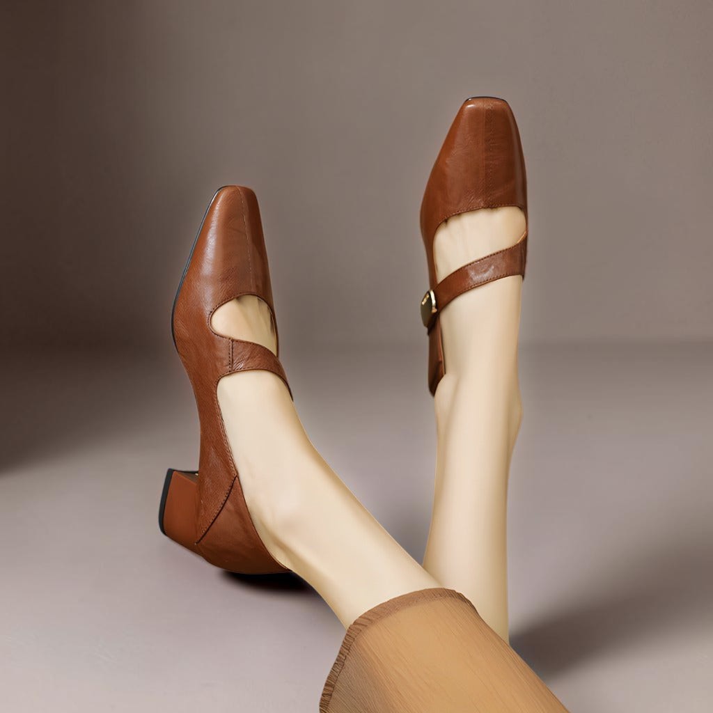 Chiseled square-toe leather Mary Jane pump with gold bit accent and low block heel