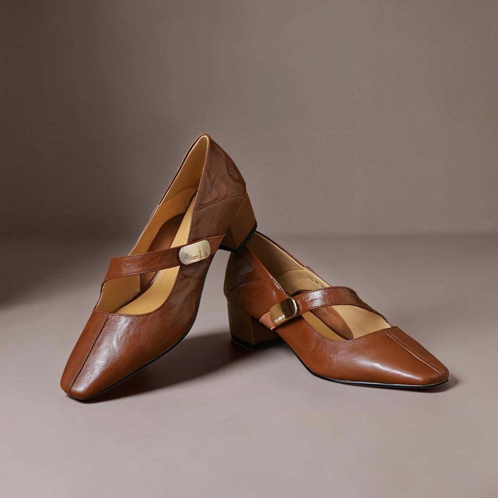 Chiseled square-toe leather Mary Jane pump with gold bit accent and low block heel