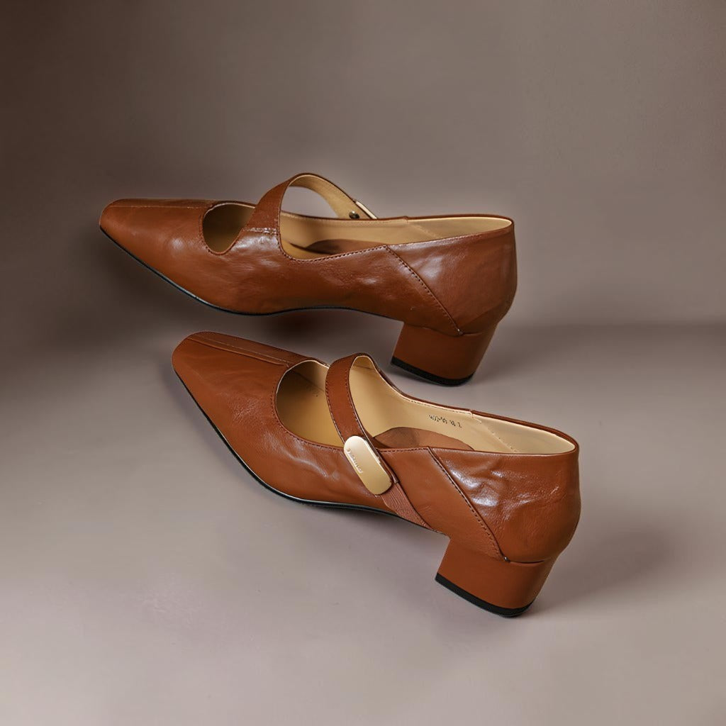 Chiseled square-toe leather Mary Jane pump with gold bit accent and low block heel