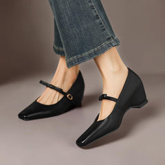 Bow-strap Mary Jane pump with concealed block heel and burnished leather, shown in green, pink and black