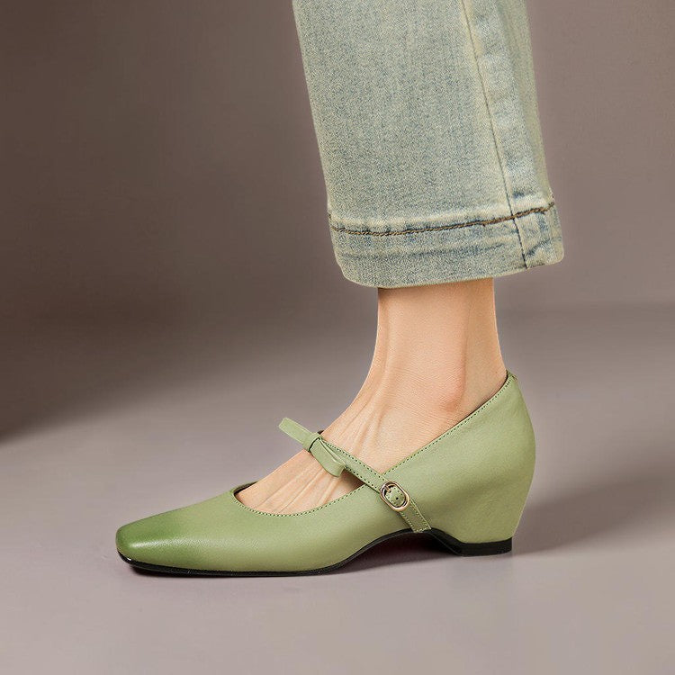 Bow-strap Mary Jane pump with concealed block heel and burnished leather, shown in green, pink and black