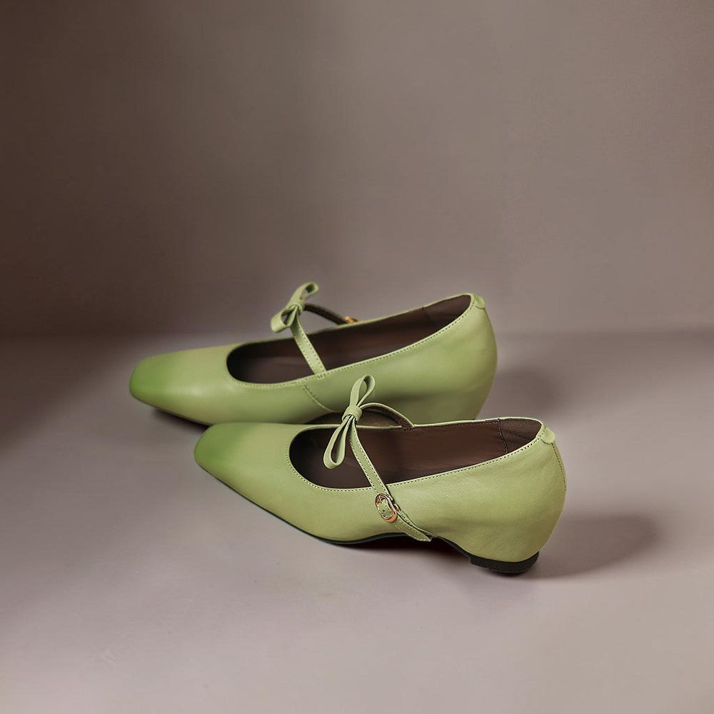 Bow-strap Mary Jane pump with concealed block heel and burnished leather, shown in green, pink and black