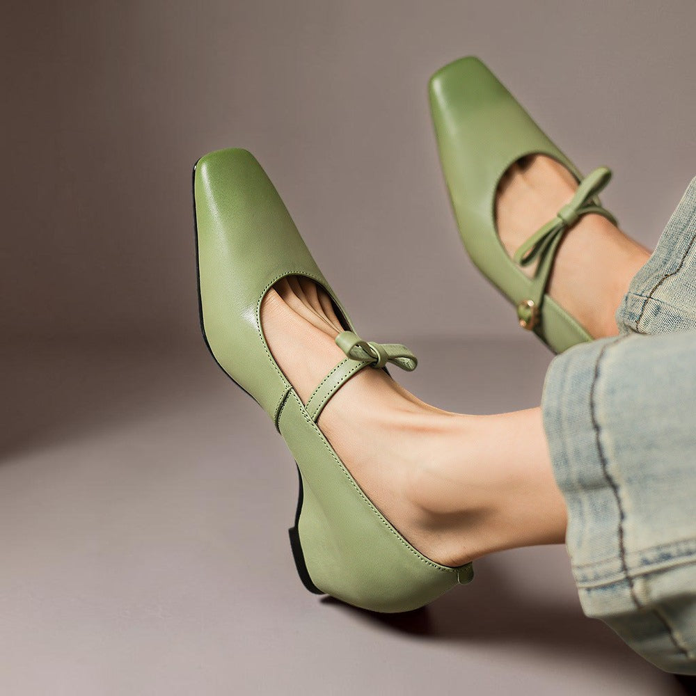 Bow-strap Mary Jane pump with concealed block heel and burnished leather, shown in green, pink and black