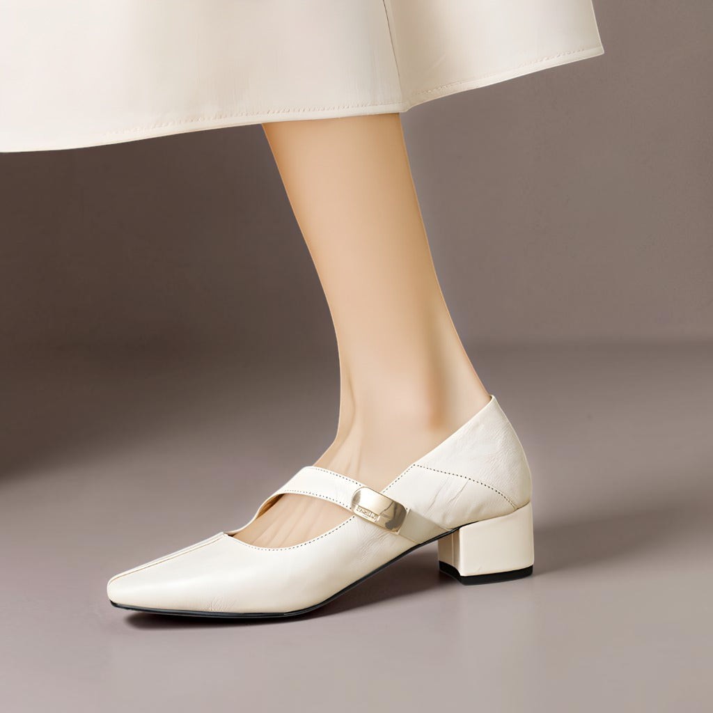 Quera | Chiseled Square-Toe Mary Jane Pump with Gold Bit