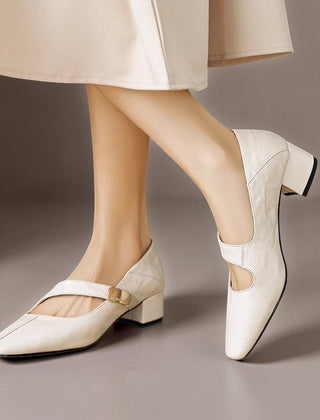 Chiseled square-toe leather Mary Jane pump with gold bit accent and low block heel