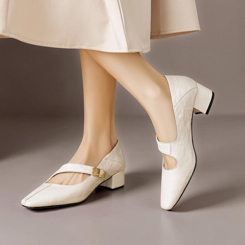Chiseled square-toe leather Mary Jane pump with gold bit accent and low block heel