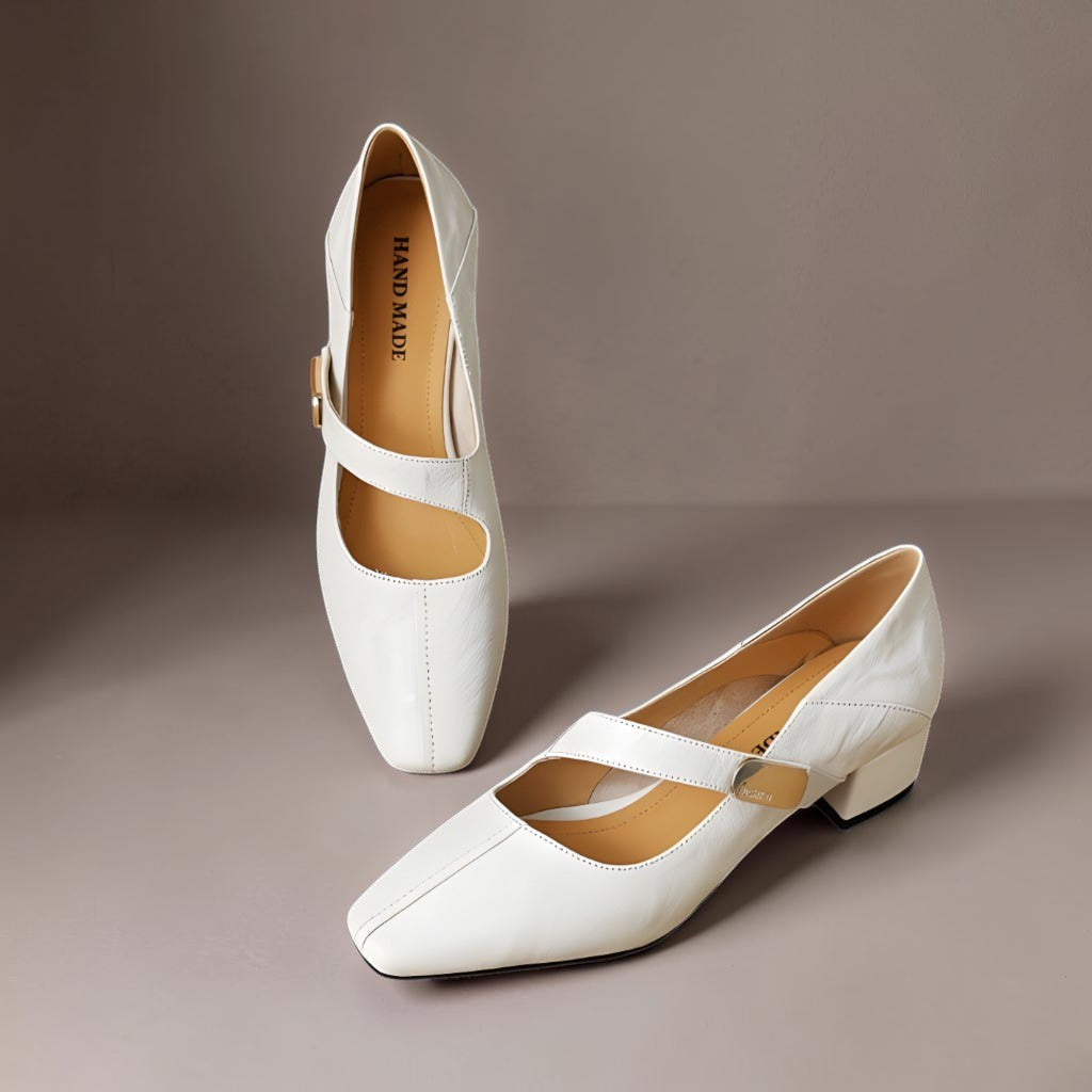 Quera | Chiseled Square-Toe Mary Jane Pump with Gold Bit