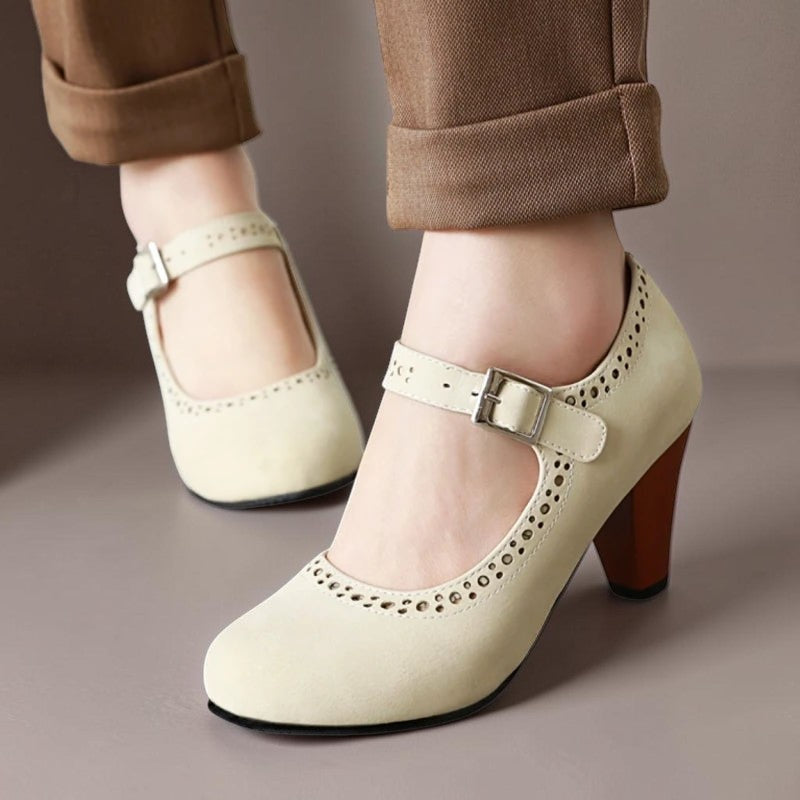 Genevieve Mary Jane heels with adjustable instep strap and rounded toe in several colours