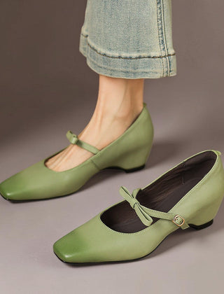 Bow-strap Mary Jane pump with concealed block heel and burnished leather, shown in green, pink and black