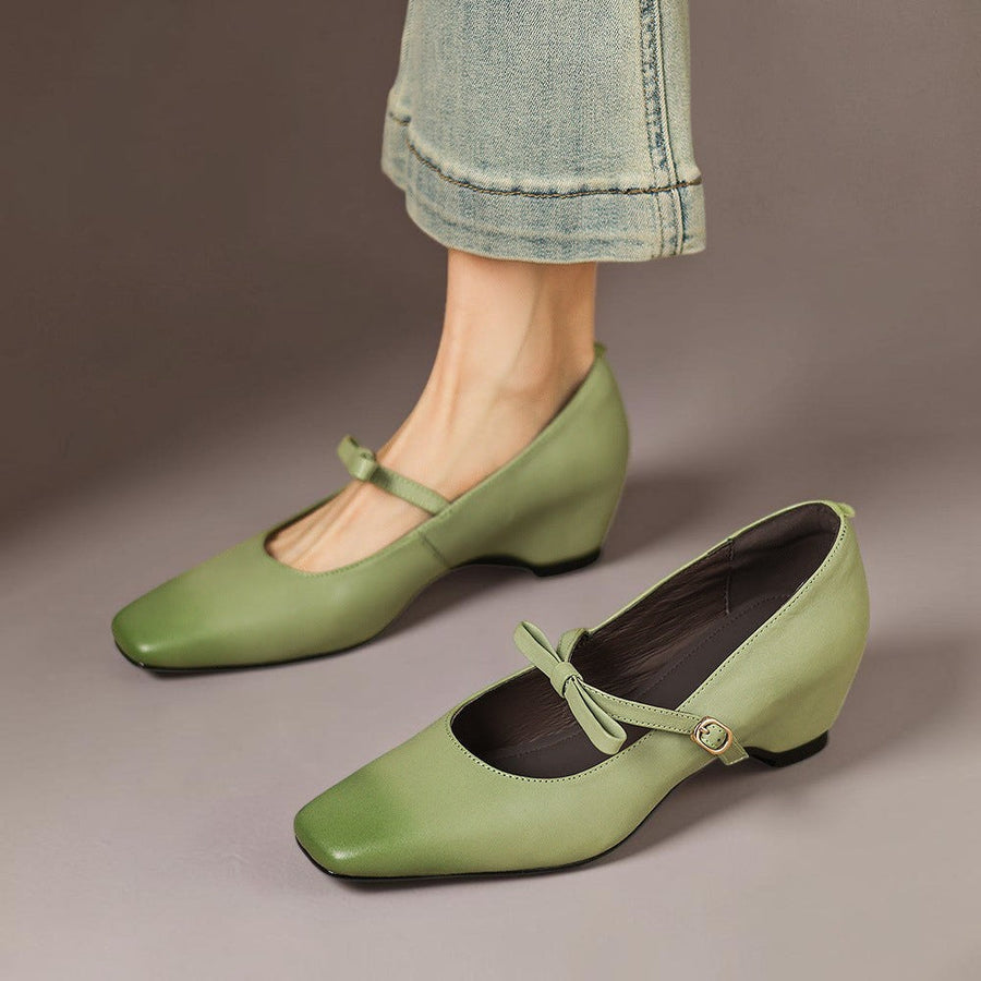 Bow-strap Mary Jane pump with concealed block heel and burnished leather, shown in green, pink and black