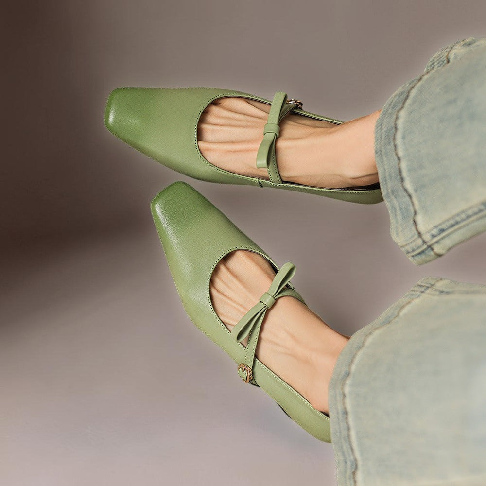 Bow-strap Mary Jane pump with concealed block heel and burnished leather, shown in green, pink and black