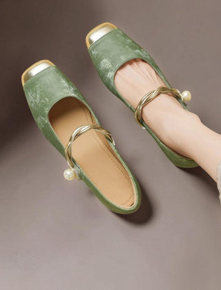 Square-toe Mary Jane pumps with pearl instep strap and low block heel
