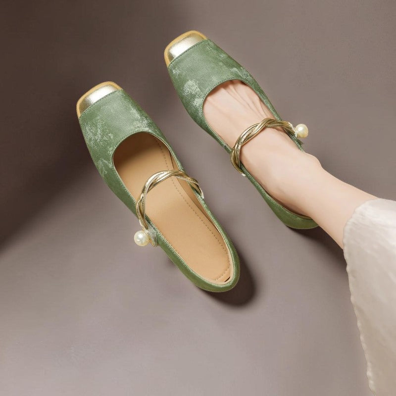 Square-toe Mary Jane pumps with pearl instep strap and low block heel